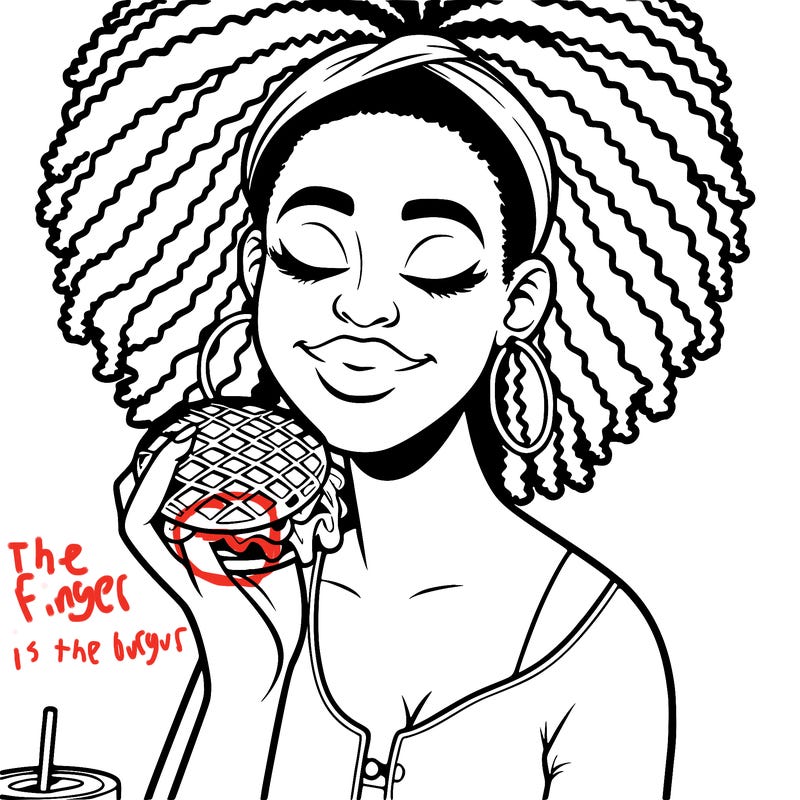 an african american woman eating a waffle burger realistic