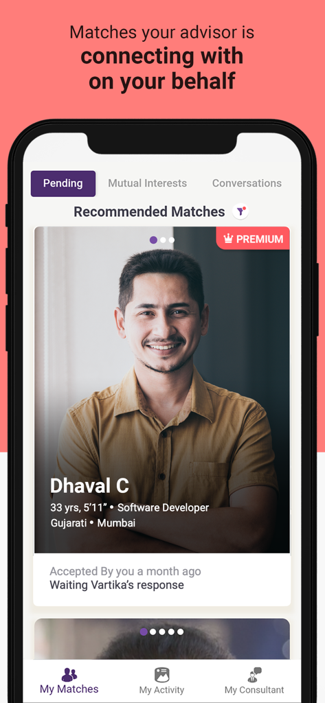 Mobile app screen of Select Shaadi showing recommended premium matches and advisor connection status.