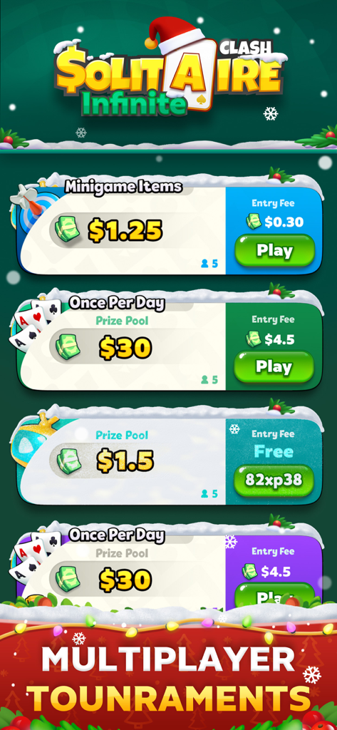 Solitaire Infinite: Win Cash - Multiplayer-Turnierbildschirm mit verschiedenen Geldpreis-Pools und Teilnahmegebühren in der Solitaire Infinite App.