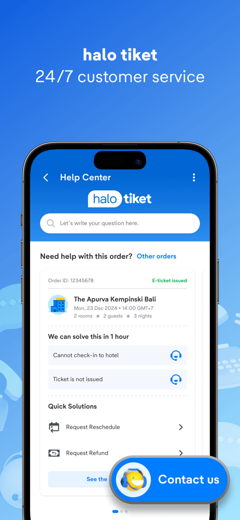 La pantalla del centro de ayuda de la aplicación tiket.com que muestra servicio al cliente 24/7 y opciones de asistencia para reservas de hotel.