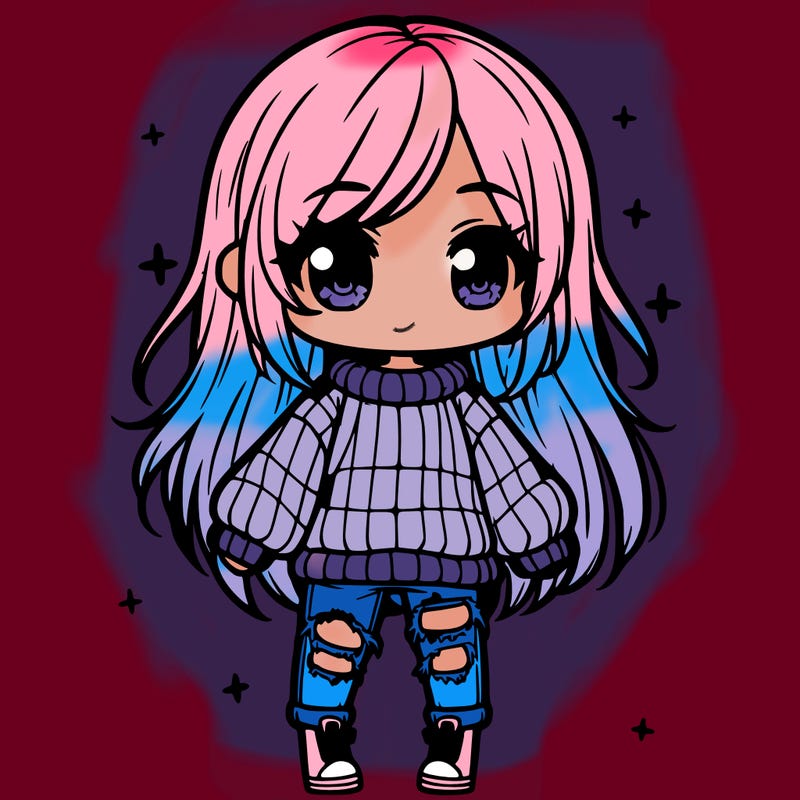 chibi girl with ripped jeans,long hair, and an oversized sweater