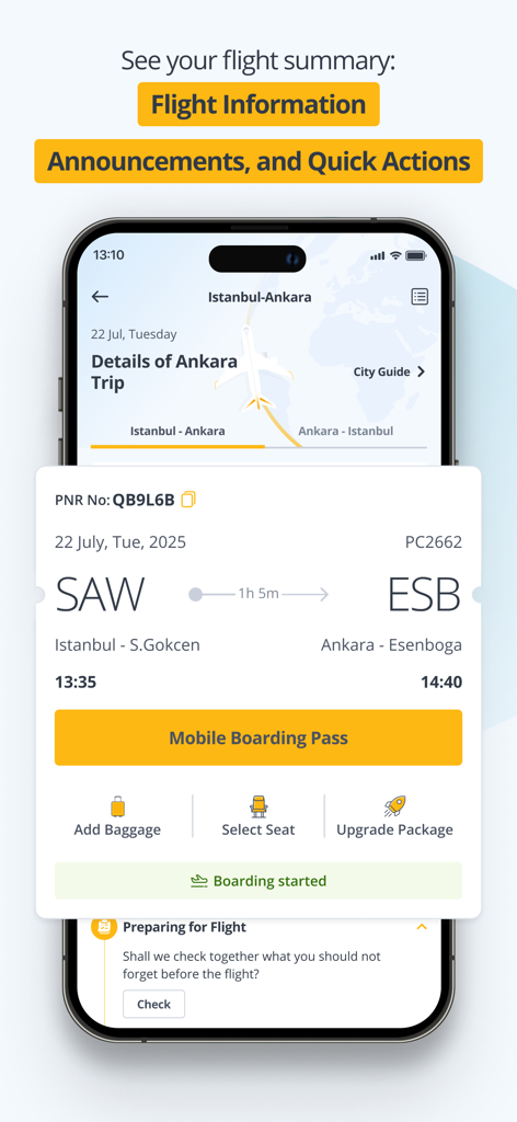 Pegasus App Flugzusammenfassungsbildschirm mit Bordkarte und Schnellaktionen