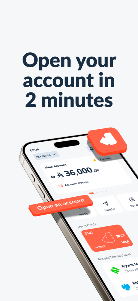 A smartphone displaying the D360 Bank app interface with the text Open your account in 2 minutes.