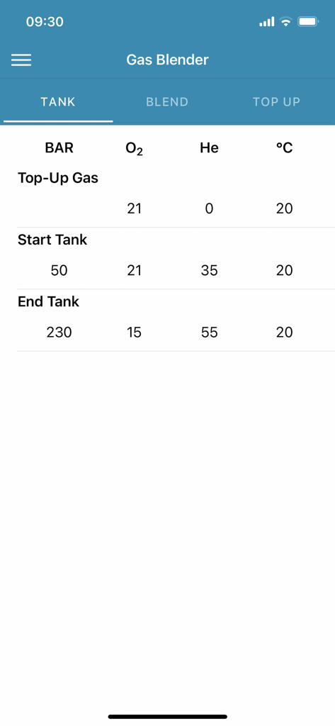 DecoPlanner mobile - Interface du mélangeur de gaz dans l'application mobile DecoPlanner montrant les spécifications de début et de fin de la bouteille pour l'oxygène et l'hélium