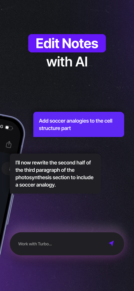 Turbo AI - Notetaker - Turbo AI app interface showing how to edit and refine study notes using AI chat commands