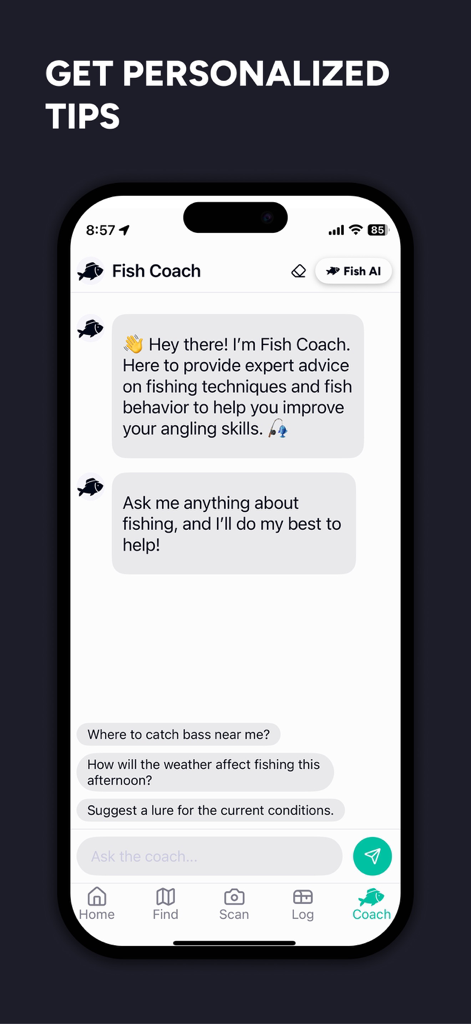 AI Fish Coach interface providing personalized fishing tips and advice