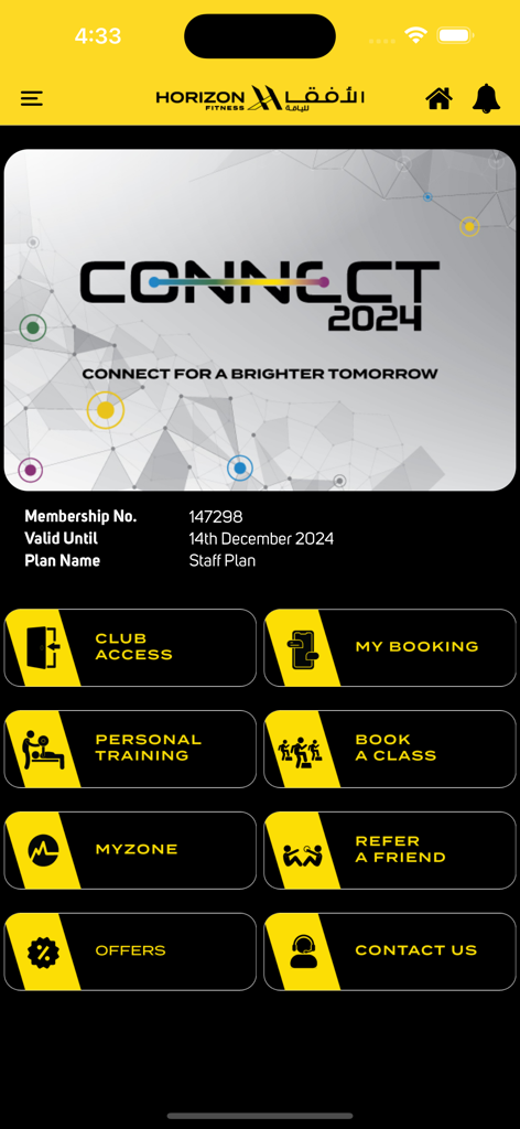 My Horizon Fitness - Main dashboard of the My Horizon Fitness app featuring membership details and quick access buttons for bookings and personal training