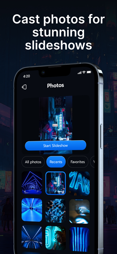 Screen Mirroring Miracast Easy - 사진 갤러리와 TV로 화면 미러링을 위한 슬라이드쇼 시작 버튼을 보여주는 iPhone 앱 인터페이스