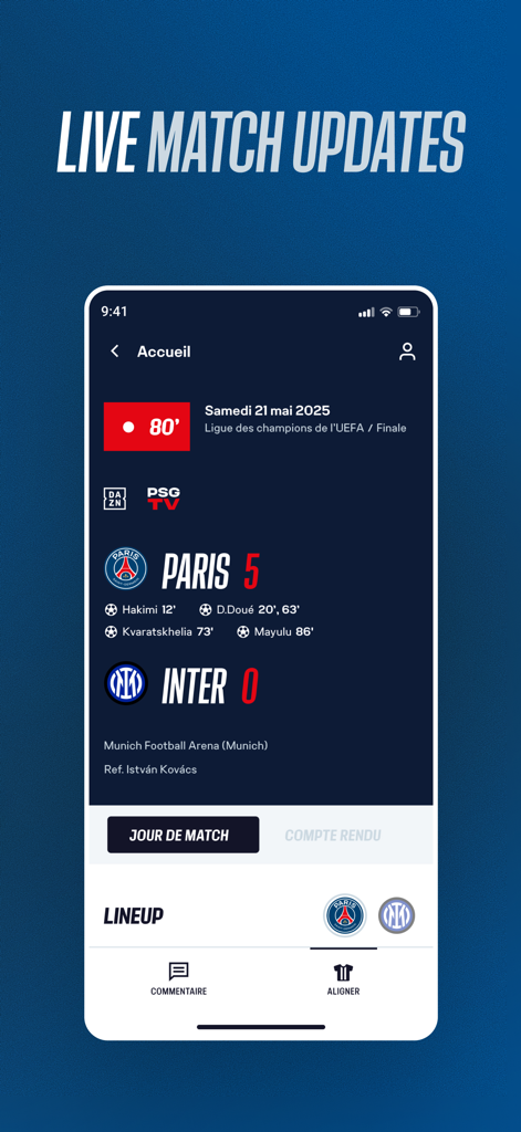 PSG Official - PSG Official app Matchcenter screen showing live score and match updates