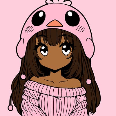 anime girl with chick shaped hat with sweater with bare shoulders with bangs covering them one eye with low tail