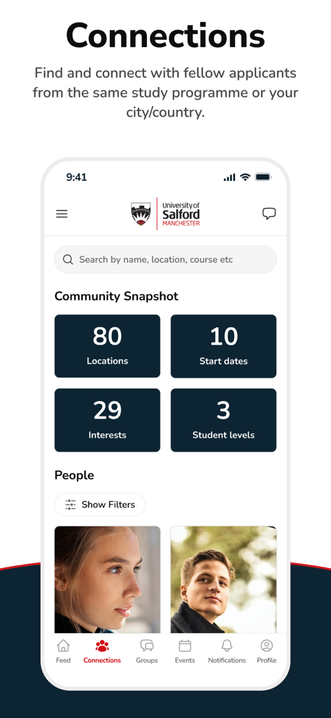 SalfordUni CampusConnect - Interface of the SalfordUni CampusConnect app showing the connections screen with community stats and student profiles