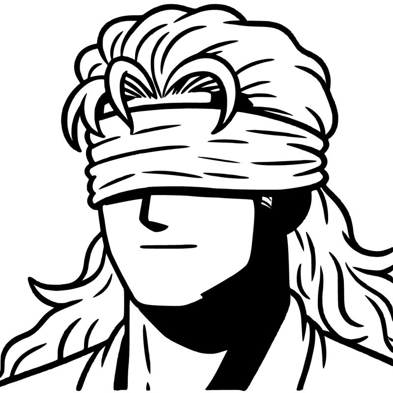 white haired man blindfolded