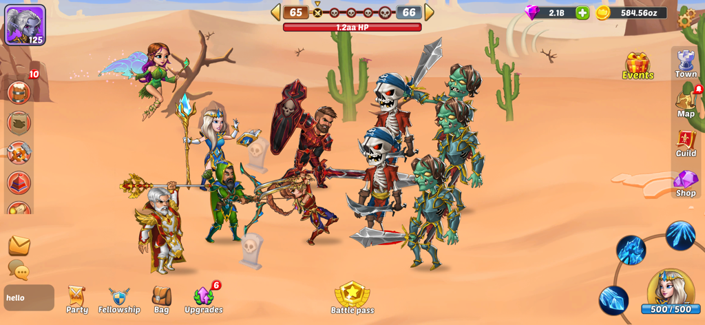 Firestone: An Idle Clicker RPG - Chibi fantasy heroes battling skeleton pirates and zombies in a desert setting
