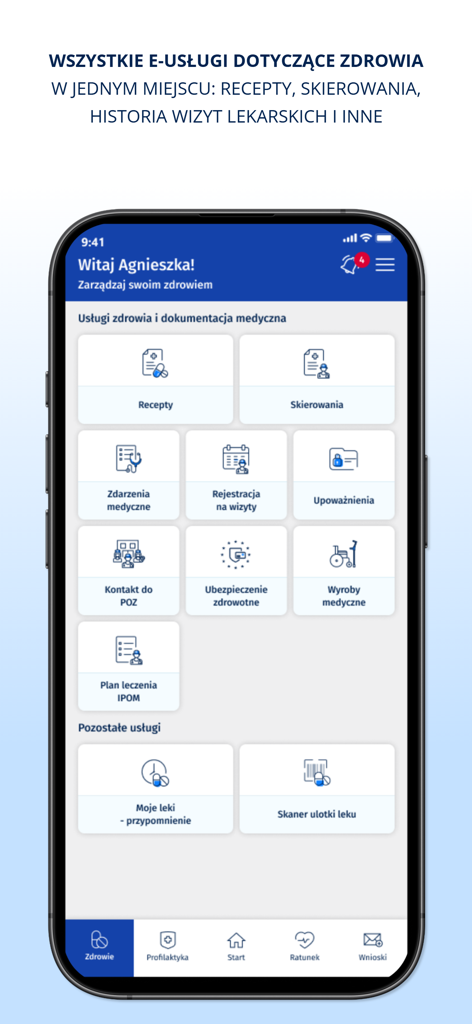 mojeIKP - log in to health - The mojeIKP mobile app main dashboard displaying various Polish health services