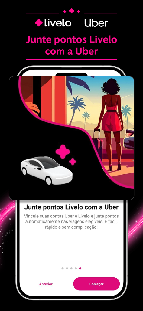 Livelo: pontos no cartão e + - Pantalla de la aplicación Livelo que muestra la asociación con Uber para ganar puntos de recompensa en viajes elegibles