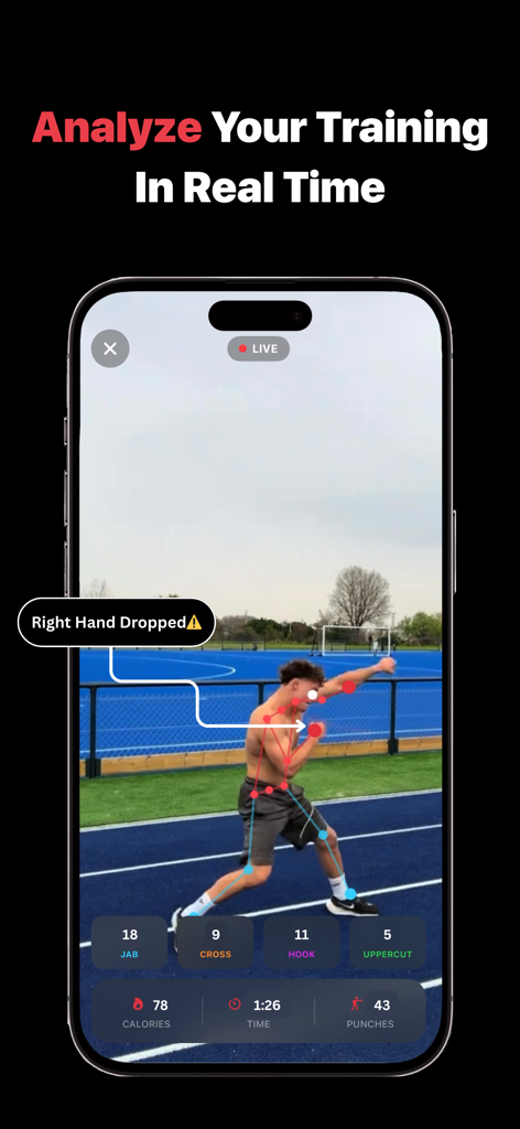 iPhone screen showing Boxer AI app tracking a user boxing in real time with skeletal overlay and technique feedback.