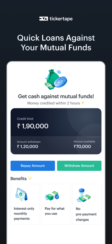 Tickertape app screen showcasing quick loans against mutual funds with credit limit and withdrawal options.