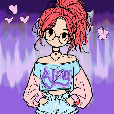 girl with a messy ponytail glasses a baggy crop top and jean shorts