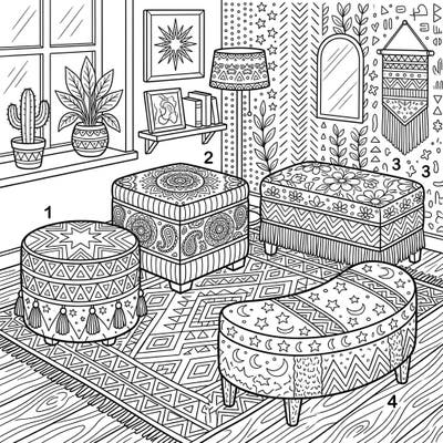 Discover a beautifully detailed coloring page featuring a collection of stylish bedroom ottomans with intricate patterns. Perfect for teens seeking a relaxing and creative activity.