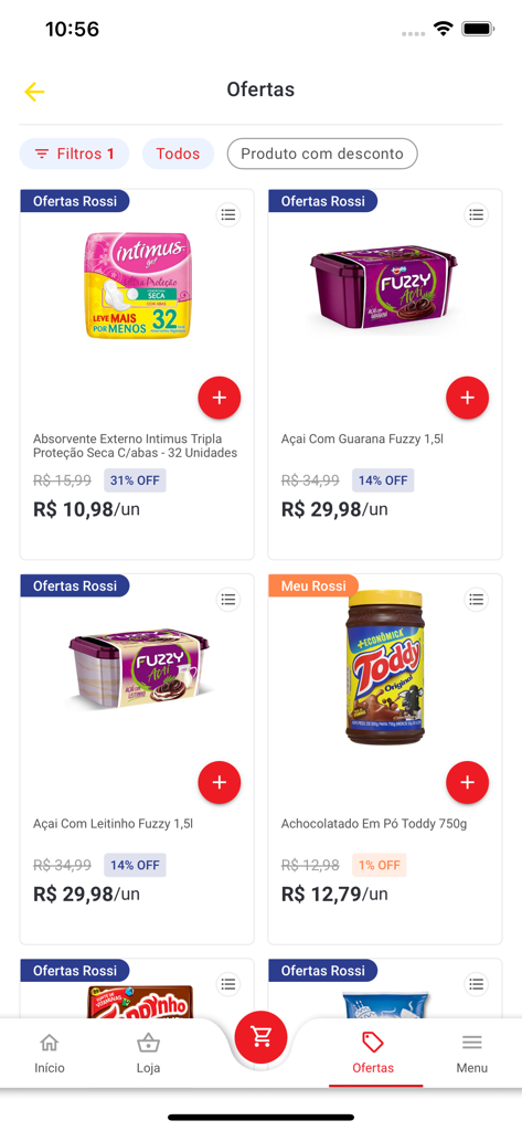 Rossi Delivery - Supermercado - Rossi Delivery mobile app screen displaying a list of supermarket offers and discounted grocery products