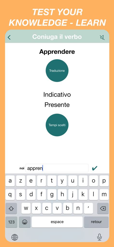 Italian Verbs Quiz app interface showing a verb conjugation exercise for the verb Apprendere