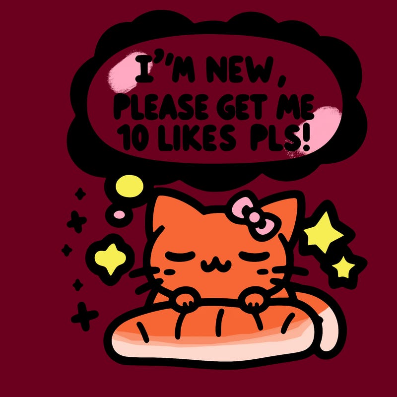 kitty taking a nap dream talking and saying "i'm new, please get me at least 10 likes pls!!"