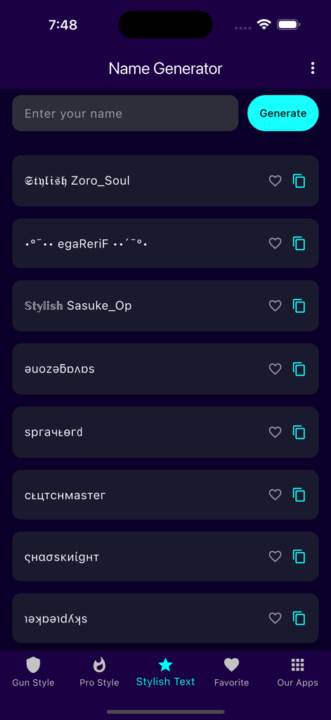 Name Generator For Games - Mobile app interface showing generated stylish gaming nicknames with copy and favorite buttons