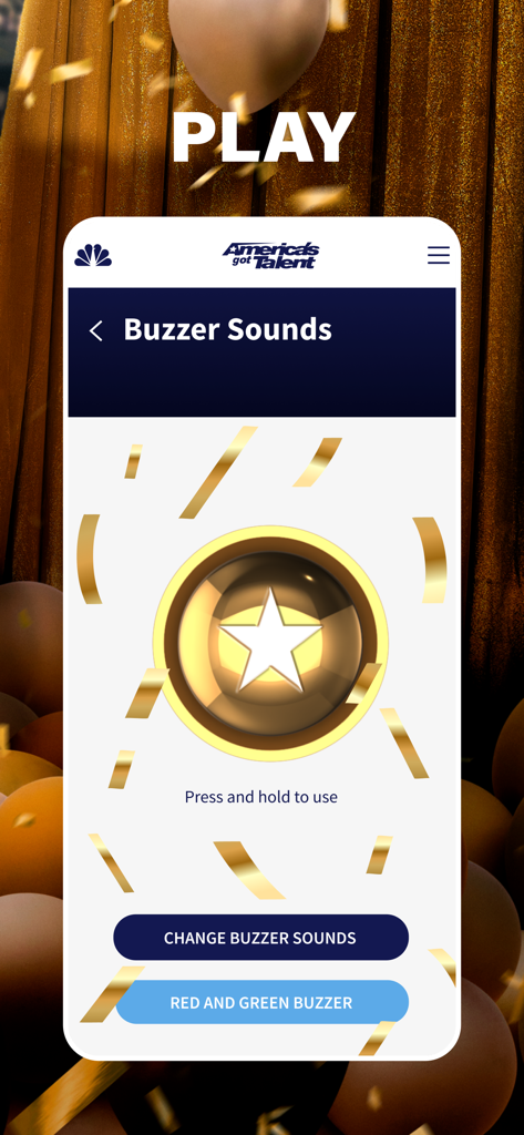America’s Got Talent on NBC - Interfaz de la aplicación America's Got Talent mostrando un golden buzzer con confeti cayendo