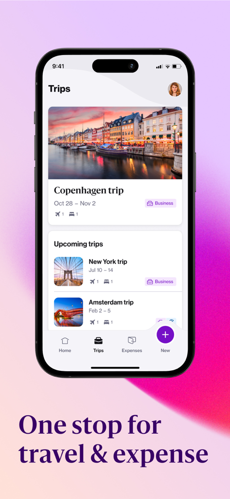 The Navan app interface showing a user's upcoming business trip itineraries for Copenhagen New York and Amsterdam