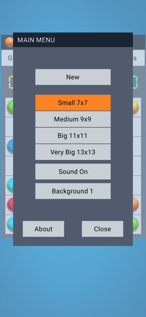 Main menu of Color Lines 98 showing grid size options from small to very big and game settings