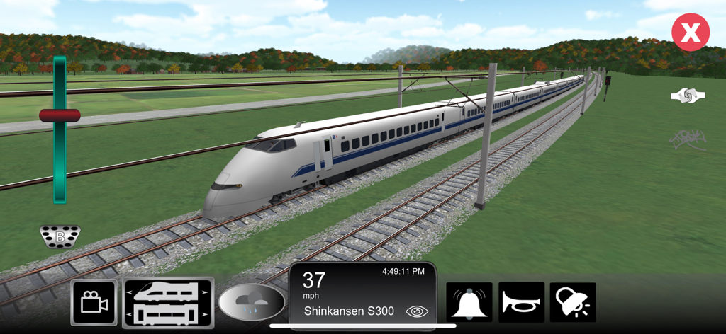 Train Sim - Gameplay screenshot of Train Sim showing a white Shinkansen S300 train on tracks.