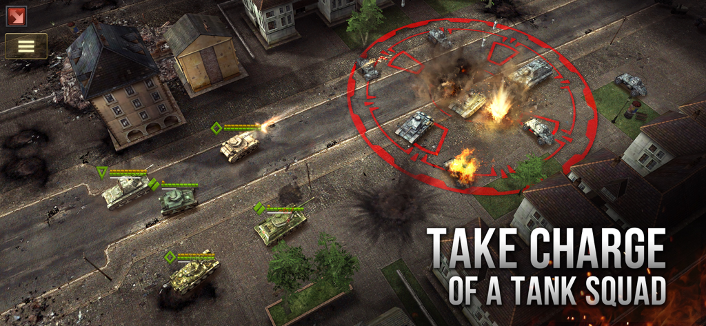 Tactical RTS gameplay in Armor Age Tank Wars showing a squad of tanks engaging in urban combat with explosions