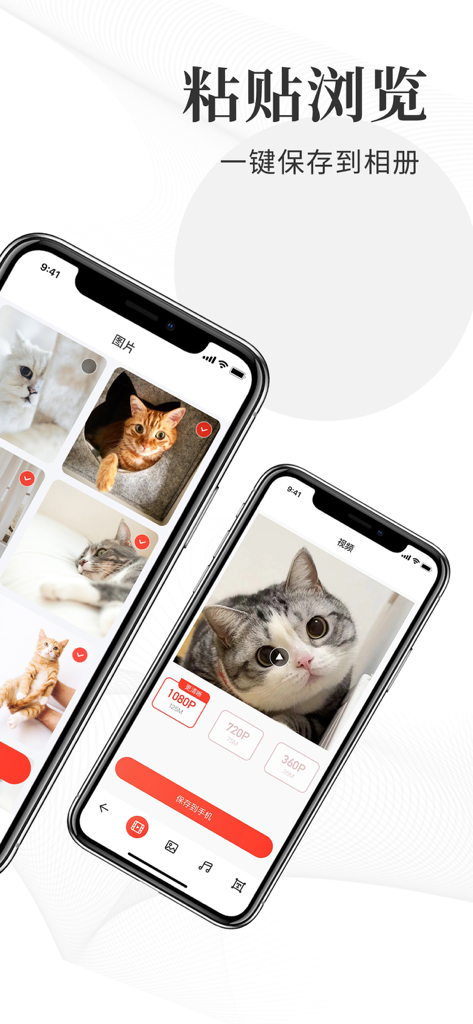 Cuntubao app interface showing a cat photo gallery and options to save high resolution videos to a smartphone
