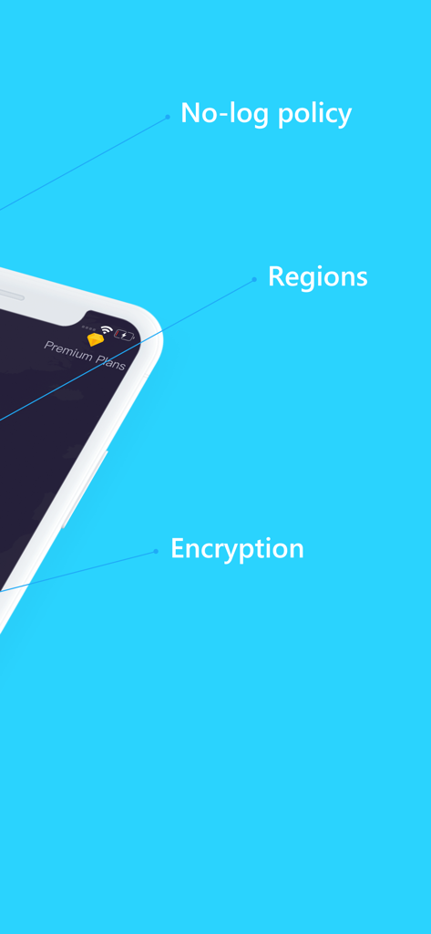 VPN for iPhone - Unlimited VPN - 아이폰용 VPN의 노로그 정책, 글로벌 지역, 암호화 기능을 강조하는 스크린샷