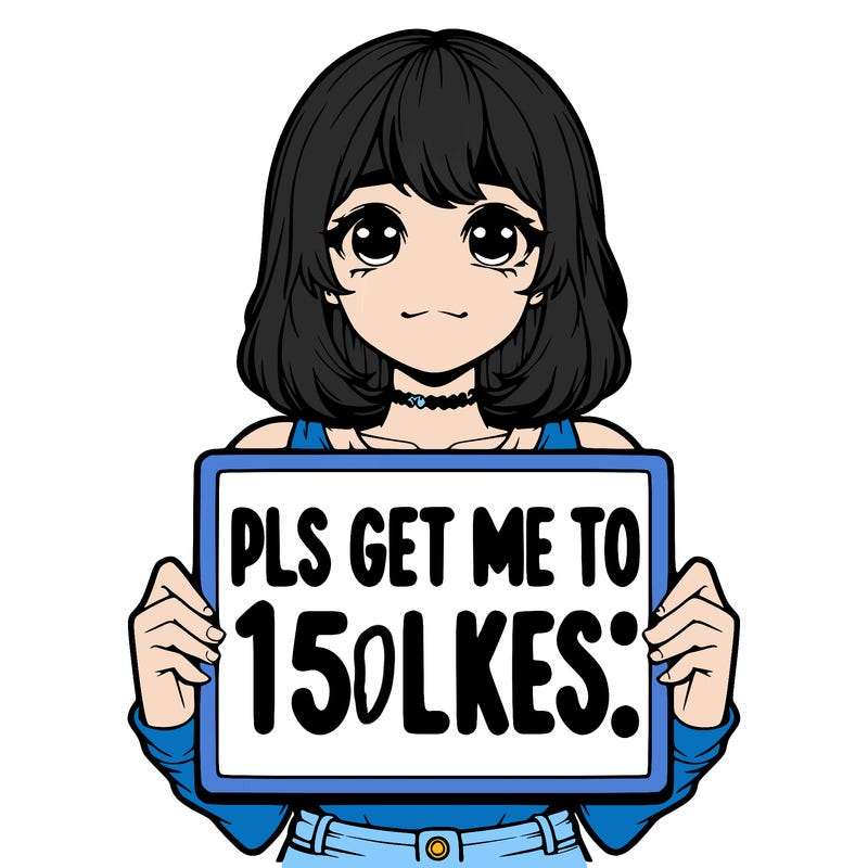 realistic girl holding up a sign that says “pls get me to 15 likes!”