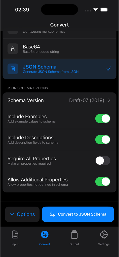 Mobile app interface for generating JSON Schema from JSON with configuration options