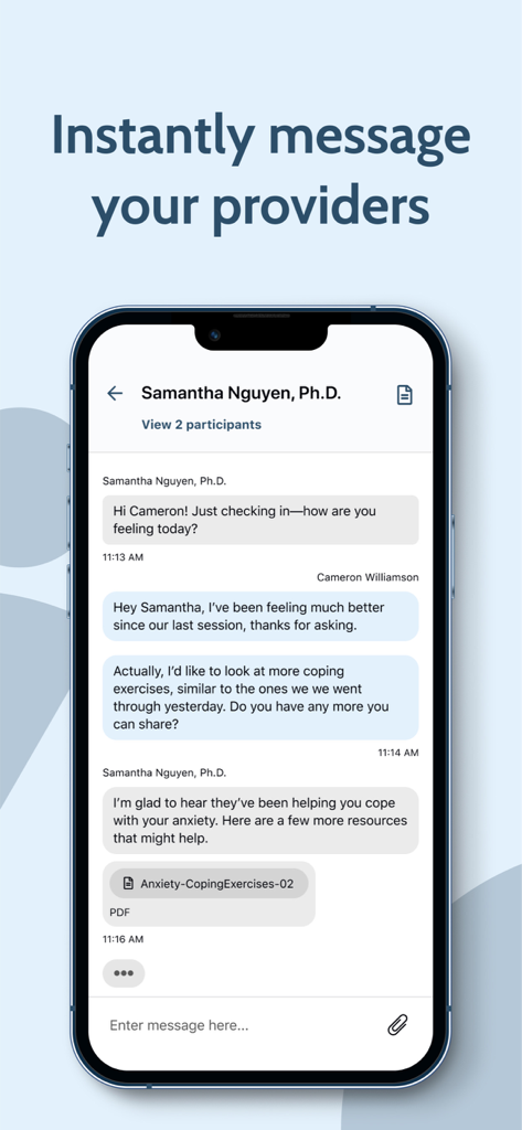 Secure messaging interface in the OnCall Health app showing a conversation between a patient and a healthcare provider.