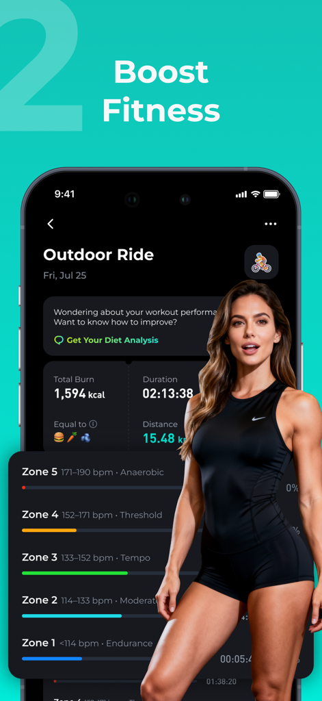 Hea! - Health Companion - Hea health companion app screenshot showing boost fitness feature with an outdoor ride summary including calories burned duration and heart rate zones