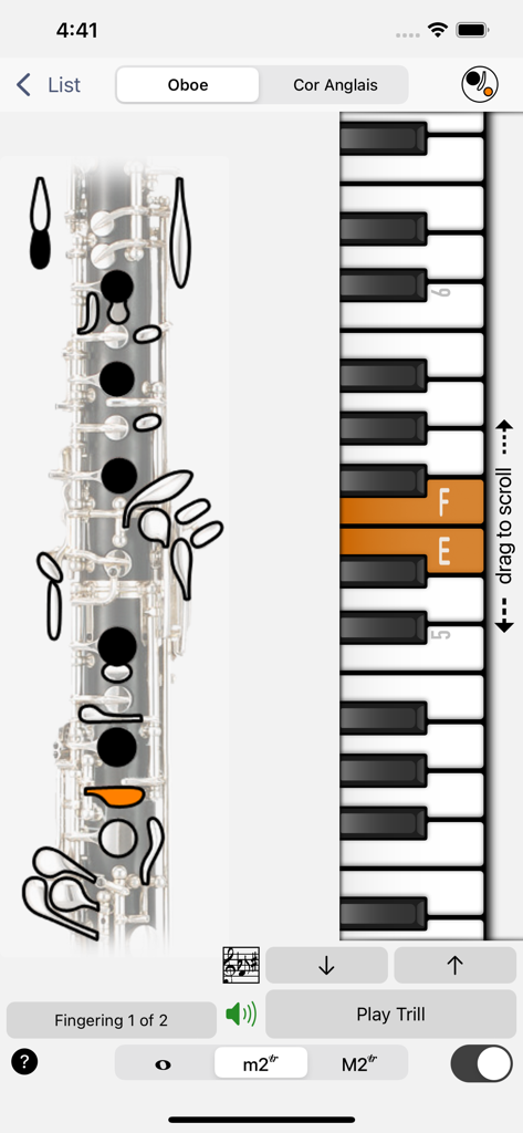 Fingering Woodwinds for iPhone - A screenshot of the Fingering Woodwinds app showing an oboe fingering chart alongside a vertical piano keyboard used for reference.