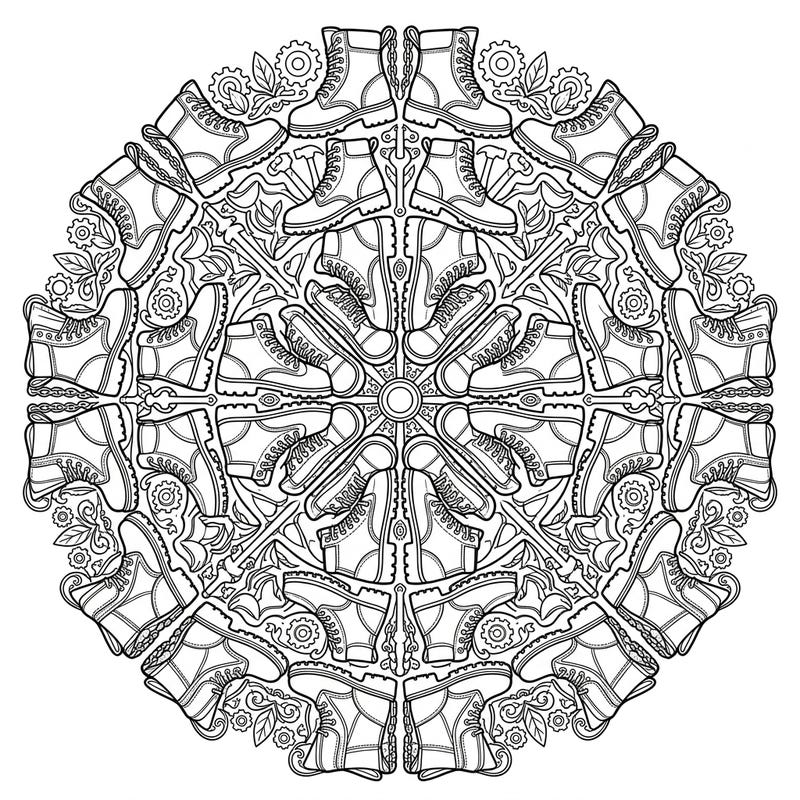 Discover an incredibly detailed work boots mandala, perfect for teens seeking a unique coloring challenge. This symmetrical design blends sturdy footwear with intricate patterns, offering hours of focused artistic expression.