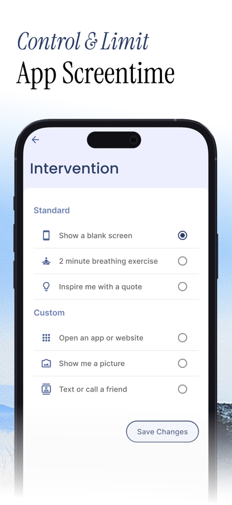 LeadMeNot app screen showing various intervention options to limit screen time including breathing exercises and inspiring quotes