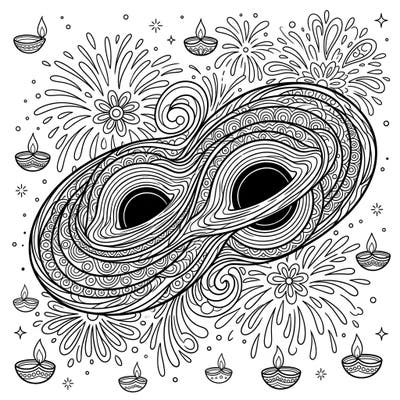 Discover a truly unique coloring experience with this Black Hole Mergers x Diwali design. This intricate template blends the awe of the cosmos with the vibrant spirit of the festival of lights.