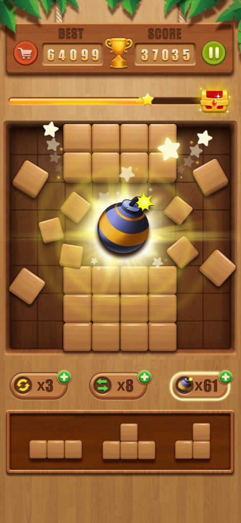Wood Merge ：Block 3D - A bomb power-up exploding in the Wood Merge Block 3D puzzle game.