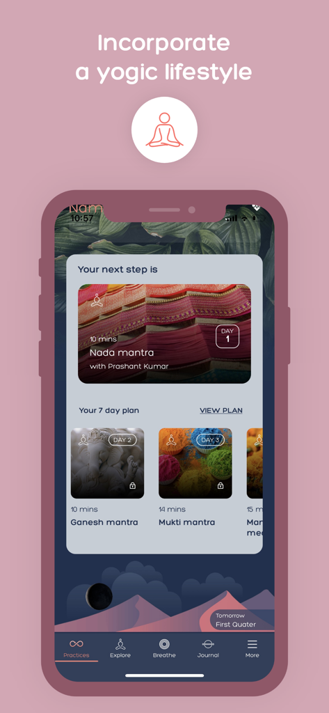AUMHUM Self-Care & Sleep - Mobile screen of AUMHUM app displaying a personalized seven day meditation plan and mantra practices