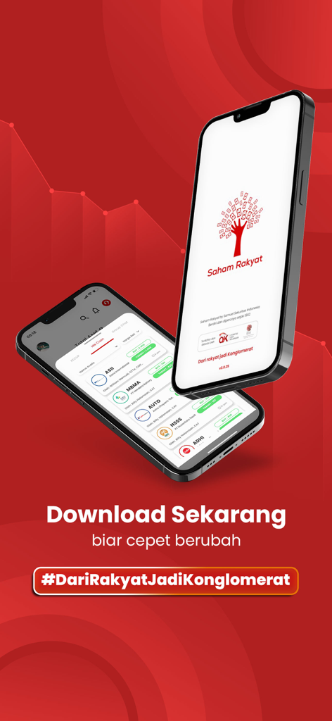 Saham Rakyat - Saham Rakyat stock trading mobile app interface displayed on two smartphones with a red background