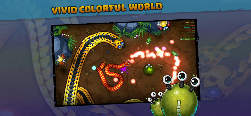 Gameplay of Little Big Snake showing large colorful snakes and glowing nectar in a vivid world.