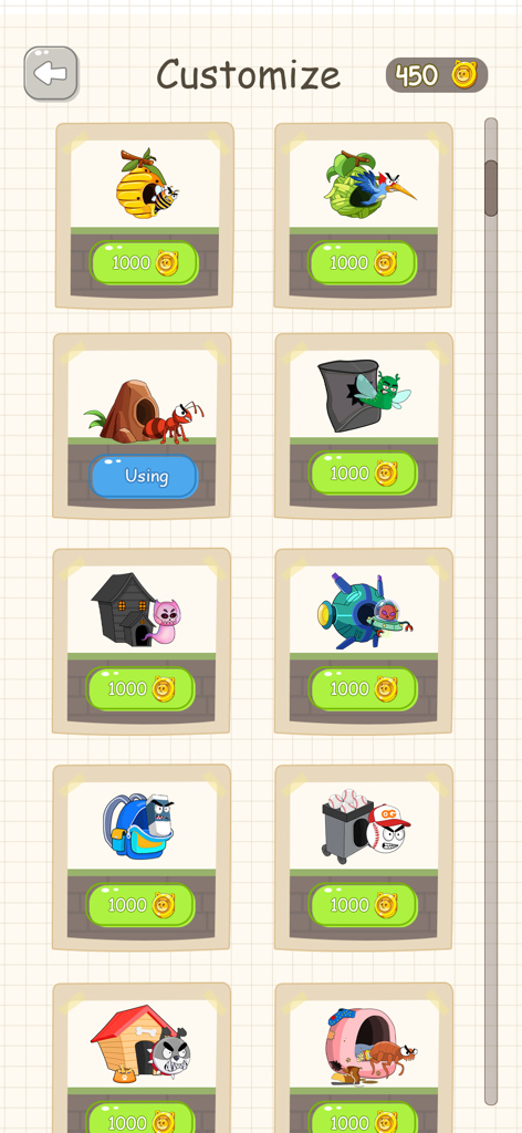 Save The Doge: Rescue Dog Game - A customization menu in Save The Doge showing various unlockable obstacle and enemy skins using game coins