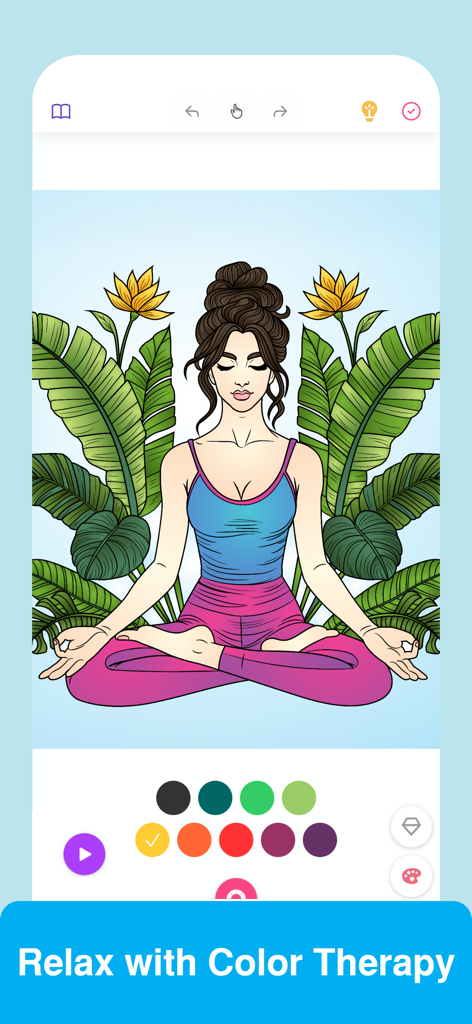A digital coloring page of a woman in a meditation pose surrounded by tropical flowers and leaves.