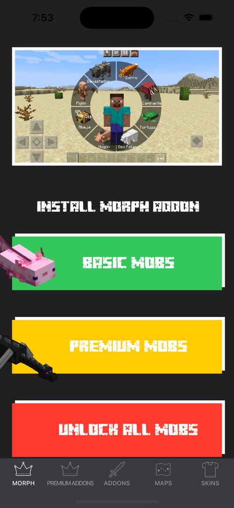Morph Addons For Minecraft - Interfaz de la aplicación móvil para Mods de Morfosis para Minecraft que muestra una rueda de selección de mobs y opciones de instalación