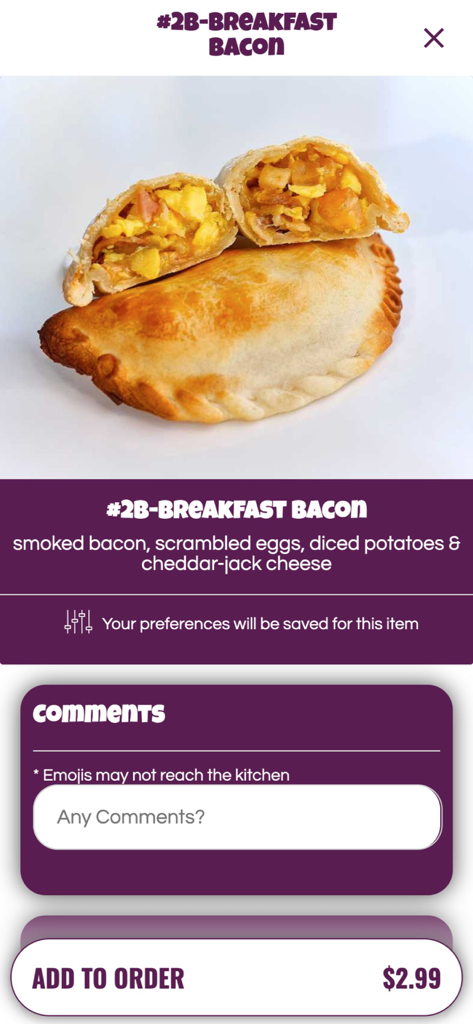 Empanada Maker - Mobile app menu page showing a breakfast bacon empanada with scrambled eggs and cheese for ordering
